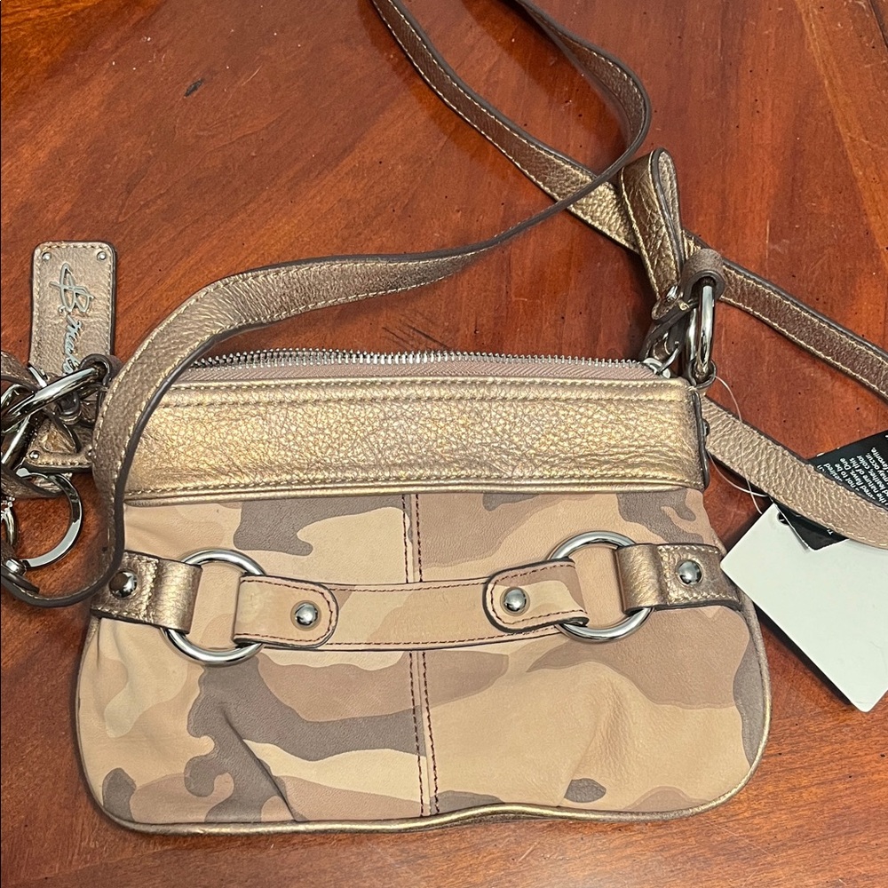 B. Makowsky Tan and Gold Crossbody Bag